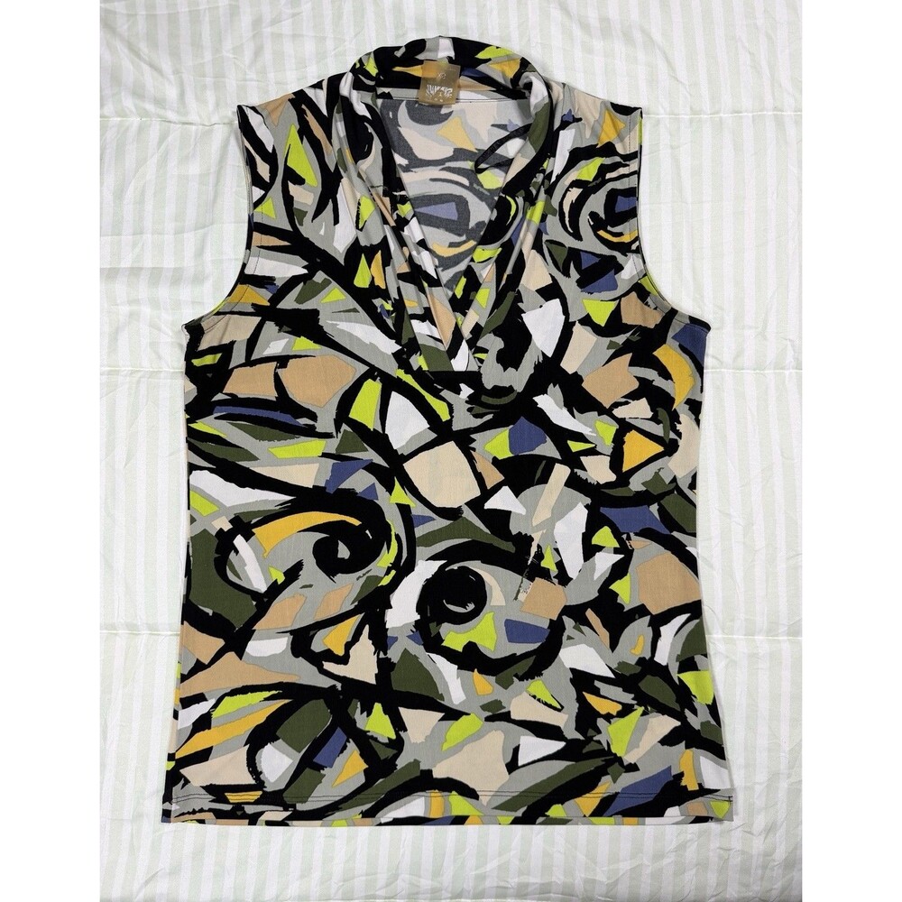 Artsy Abstract Brushstroke Cowl Neck Sleeveless Top Lime Green Black XS